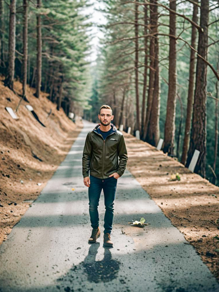 Confident Man on Serene Forest Pathway