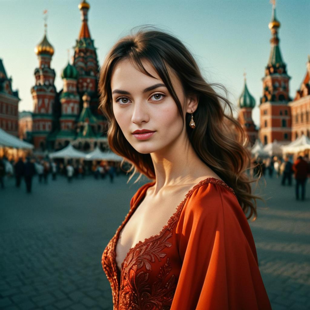 Elegant Woman in Red Dress at Saint Basil's Cathedral