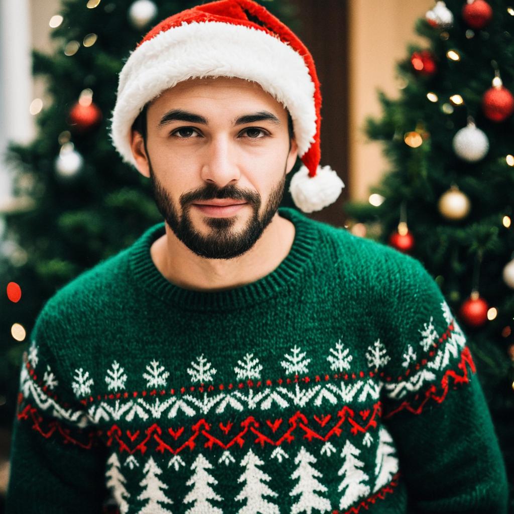 Young Man in Christmas Sweater and Santa Hat