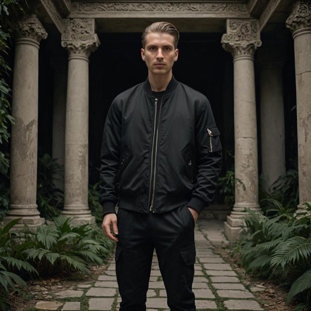 Confident Man in Lush Garden with Classical Architecture