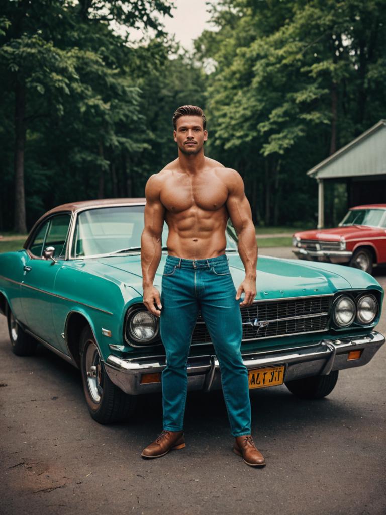 Muscular Man Posing with Vintage Car