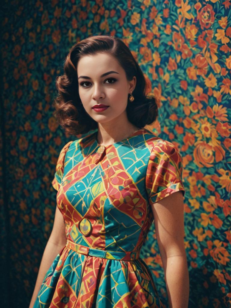 Woman in Vibrant Retro Dress with Floral Backdrop