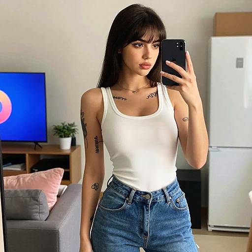 Young Woman Taking Mirror Selfie in Casual White Tank Top and Blue Jeans
