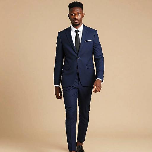 Young Man in Navy Blue Suit Walking on Beige Background