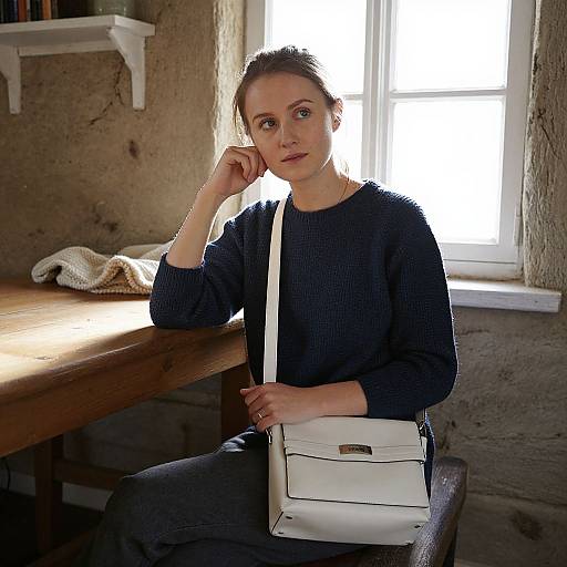 Thoughtful Woman Sitting by Wooden Table with White Handbag in Rustic Interior