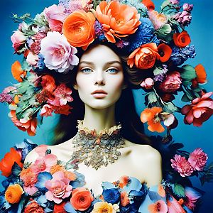 Woman in Floral Headdress against Blue Background