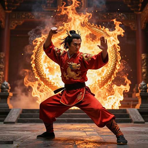 Martial Artist in Red Traditional Costume Performing Kung Fu with Fiery Dragon Background