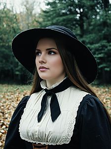 Elegant Young Woman in Victorian Inspired Outfit with Wide Brim Hat in Autumn Forest
