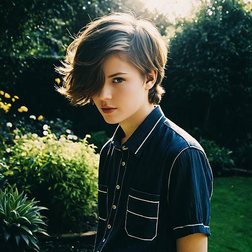Young Woman with Short Hair in Garden Wearing Casual Dark Blue Shirt