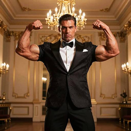 Muscular Man Flexing Biceps in Elegant Tuxedo in Luxurious Ballroom