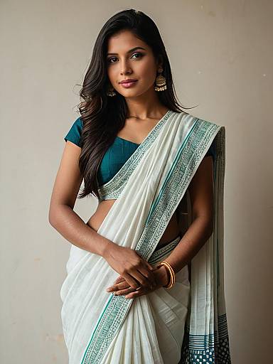 Woman in Malmal Cotton Saree Waist Up Editorial Portrait