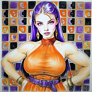 Confident Woman with Purple Hair in Pop Art Style