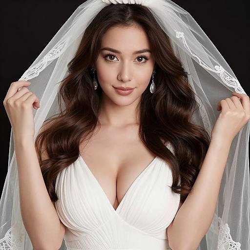 Elegant Bride with White Veil and Pleated Wedding Dress Portrait
