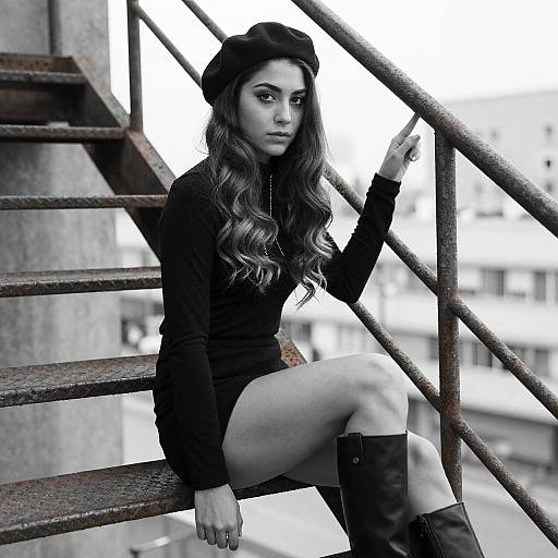 Black and White Portrait of Woman Sitting on Urban Metal Stairs in Beret