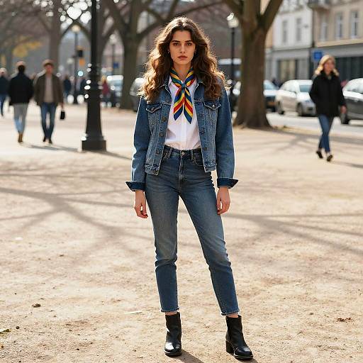 Stylish Gen Z Woman in Denim Jacket and Scarf on City Street