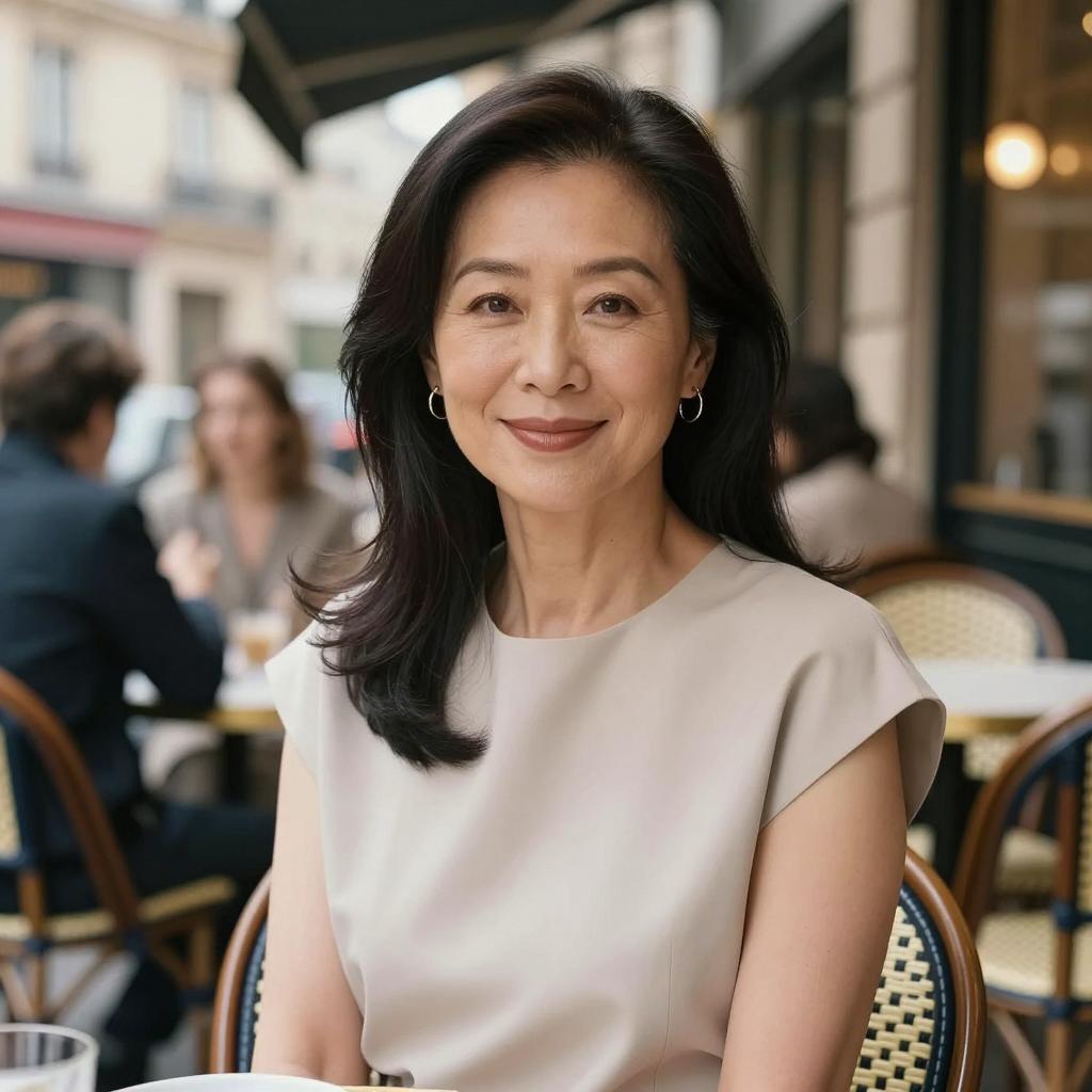 50 Year Old Asian Fashion Designer Woman Sitting in Paris Cafe