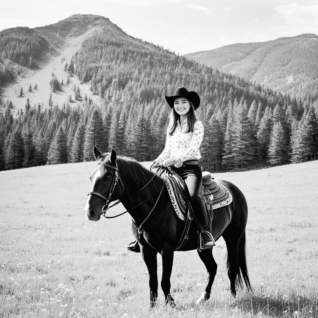 Cheerful Woman on Horse in Scenic Mountain Meadow