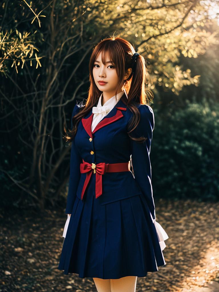 Woman in Realistic Reiko Yanagi Emily Cosplay Costume Outdoors