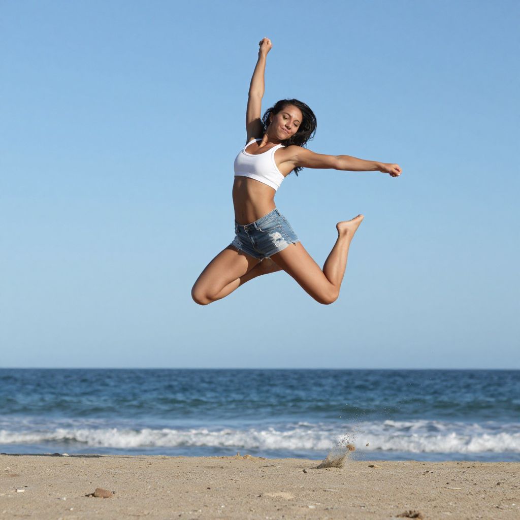 Young Woman Jumping on Beach with Ocean Background