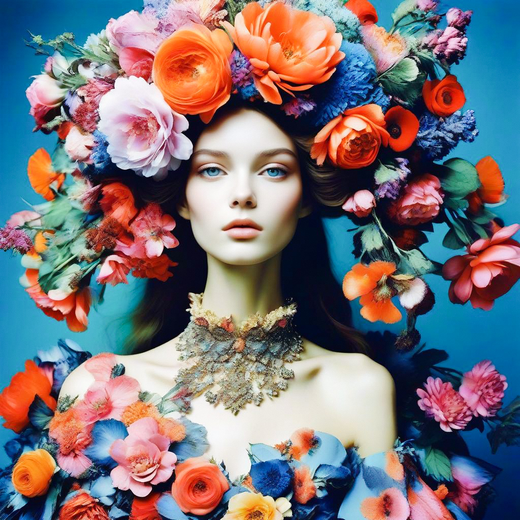 Woman in Floral Headdress against Blue Background Woman in Floral Headdress against Blue Background