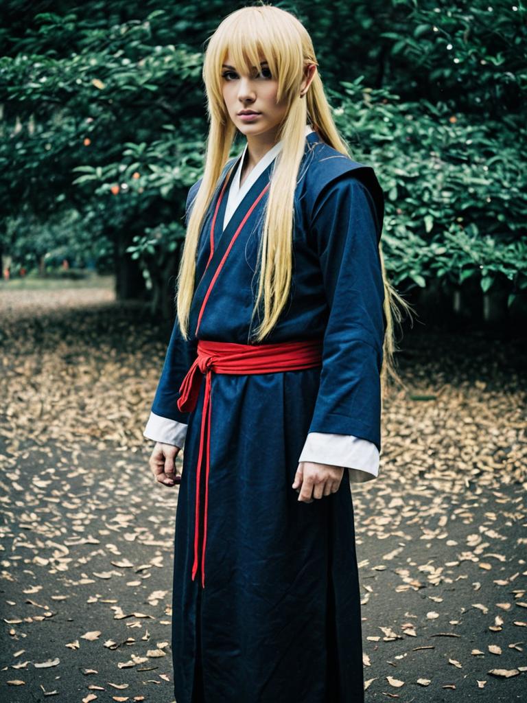 Afuro Terumi Female Anime Cosplay in Forest Setting with Long Blonde Hair