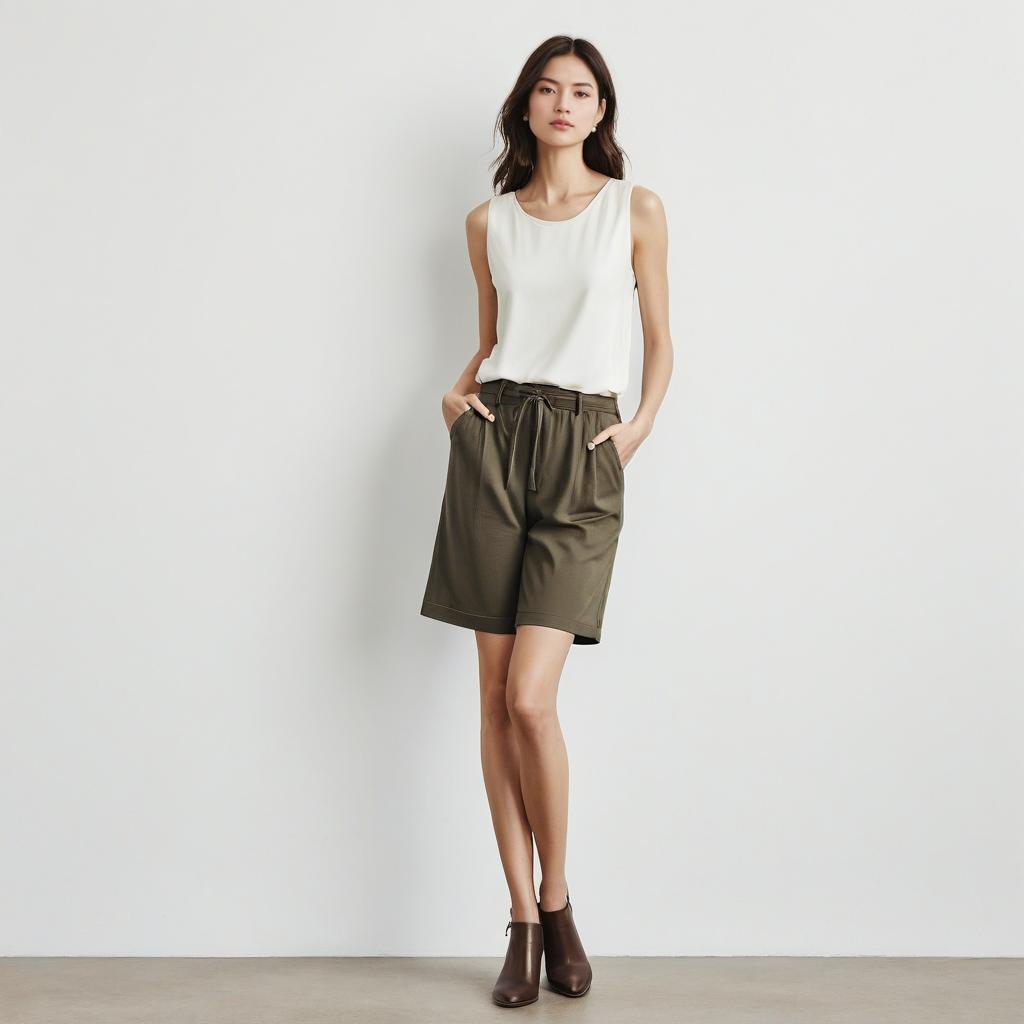 Confident Woman in White Top and Olive Shorts