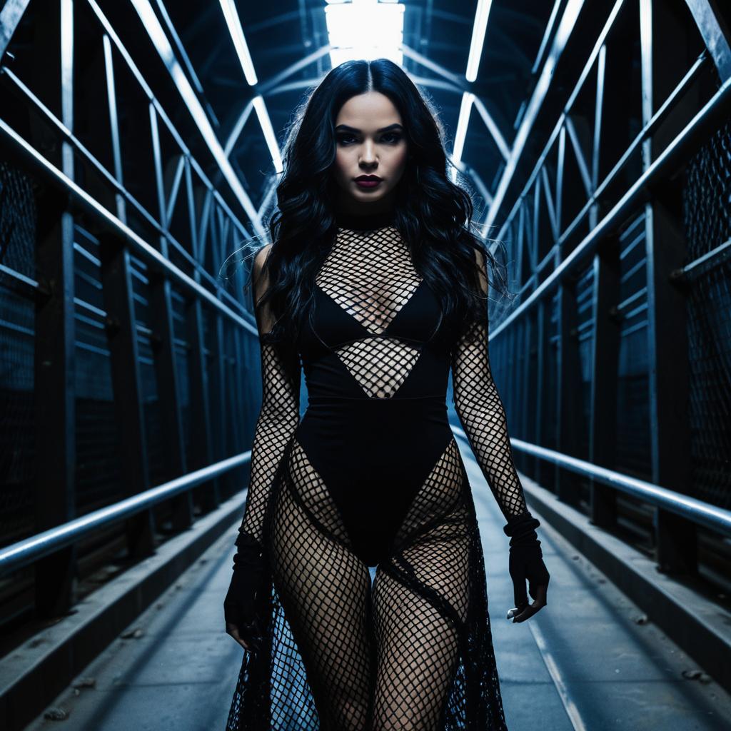 Confident Woman in Black Fishnet Outfit on Futuristic Pedestrian Bridge