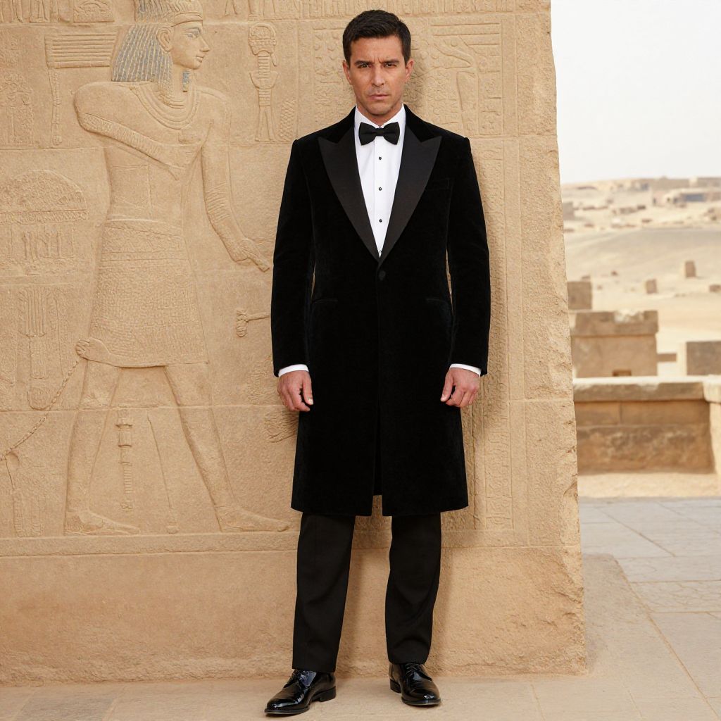 Man in Black Velvet Tuxedo Coat Posing by Ancient Egyptian Hieroglyphic Wall