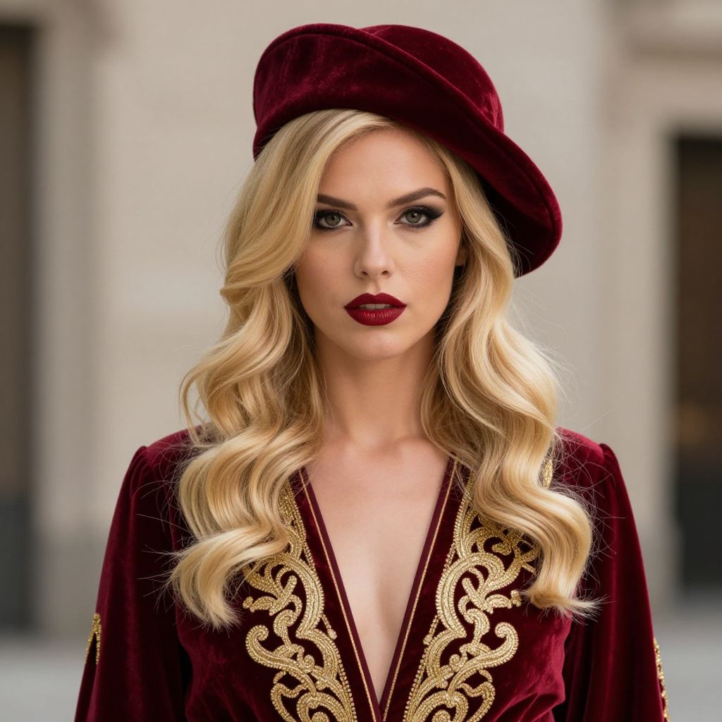 Elegant Blonde Woman in Burgundy Velvet with Gold Embroidery and Vintage Style Hat