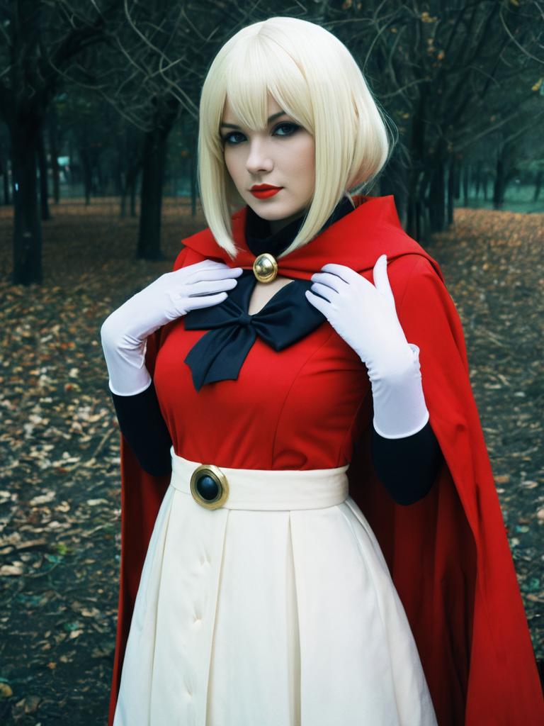 Sexy Woman in Mavis Vermillion Red Cape Cosplay Costume Outdoors