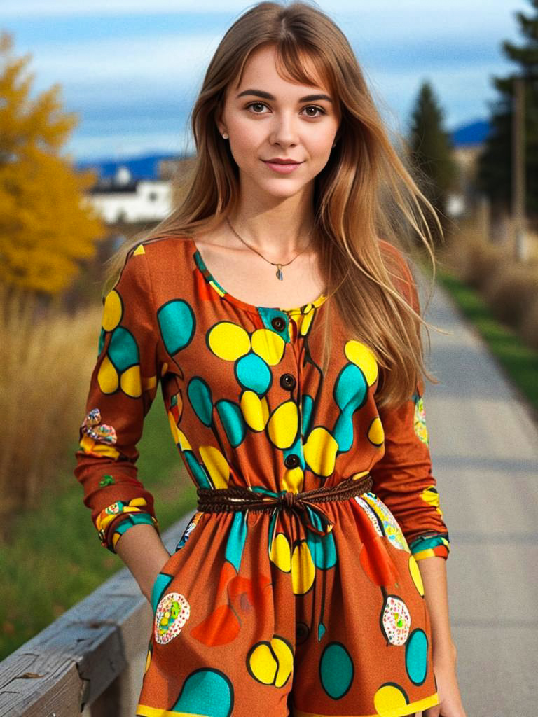 Young Woman in Colorful Polka Dot Outfit in Nature