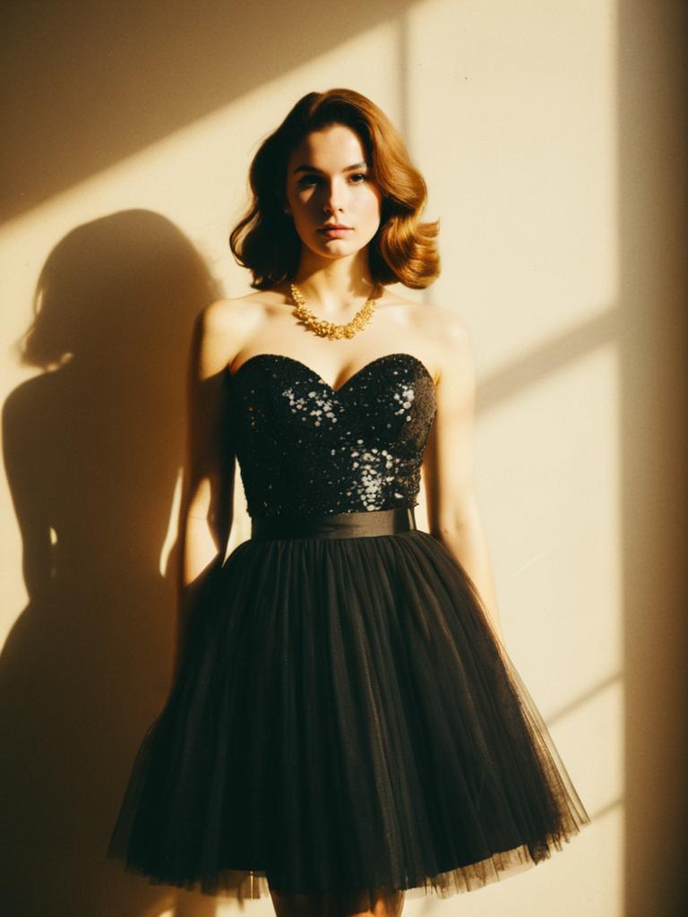 Woman in Chic Black Sequined Strapless Cocktail Dress with Tulle Skirt