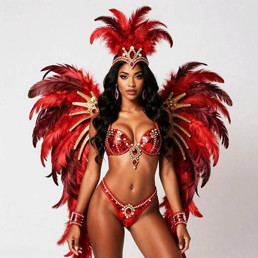 Woman in Red Feathered Carnival Costume with Gem Embellishments