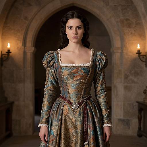 Young Woman in Renaissance-Style Dress Standing in Historic Stone Interior