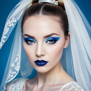 Close-up Portrait of Woman in Lace Veil with Blue Makeup