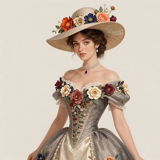 Vintage Floral Embroidered Gown with Elegant Wide-Brimmed Flower Hat