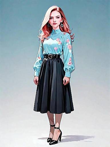 Full Body Digital Illustration of Woman in Floral Blouse and Black Skirt