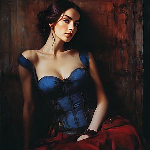Vintage Style Portrait of Woman in Blue Corset and Red Skirt