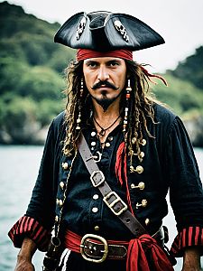 Man in Classic Pirate Costume with Tricorn Hat and Beaded Braids