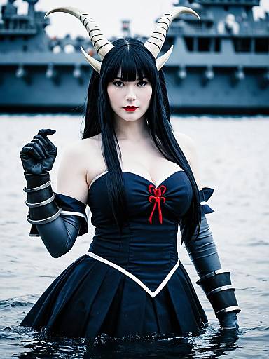 Water Oni Woman Cosplay in Water with Battleship Background