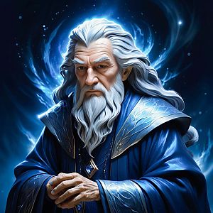Majestic Figure with White Hair and Blue Robe
