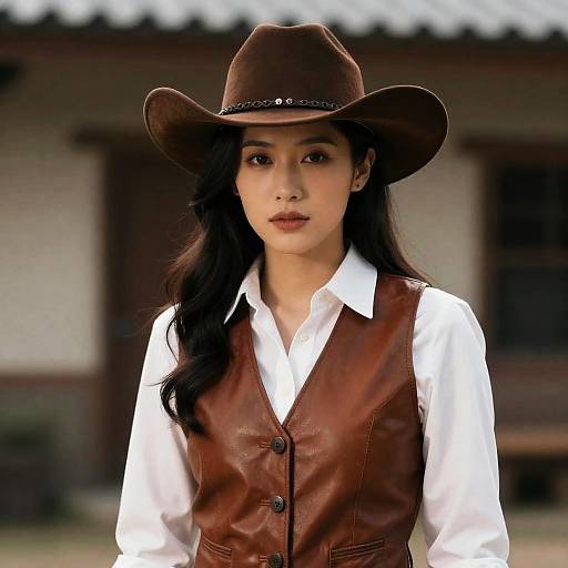 Woman Wearing Cowboy Hat and Leather Vest in Western Style Portrait
