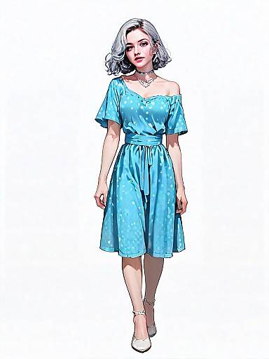Realistic Digital Illustration of Woman in Blue Polka-Dot Dress Full Body