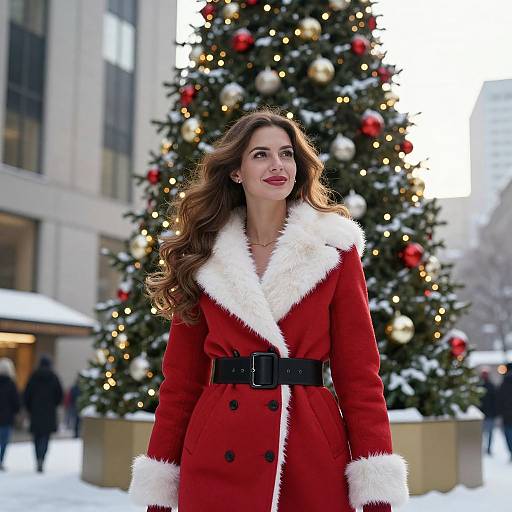 Woman in Red Coat Standing by Christmas Tree in Winter City