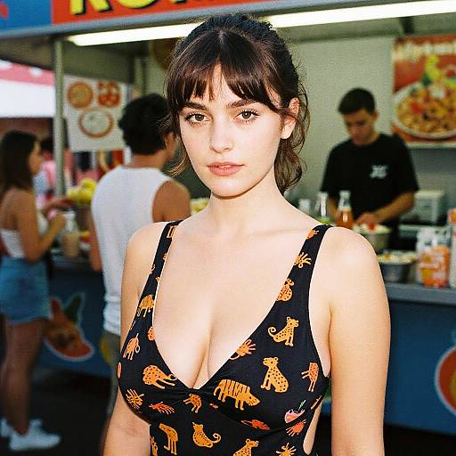 Svelte Woman in Black One-Piece Swimsuit with Orange Abstract Animal Print