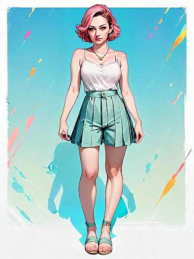 Realistic Comic Style Illustration of Woman with Pink Hair in Casual Outfit