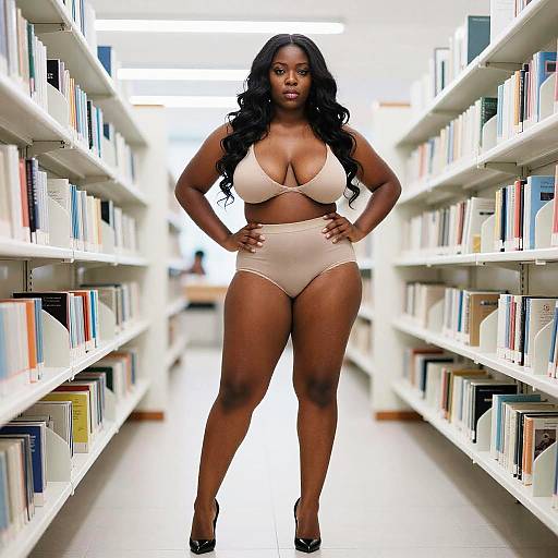 Confident Woman in Beige Lingerie Posing in Library Aisle