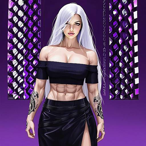 Anime Style Strong Woman with White Hair and Tattoos on Purple Background