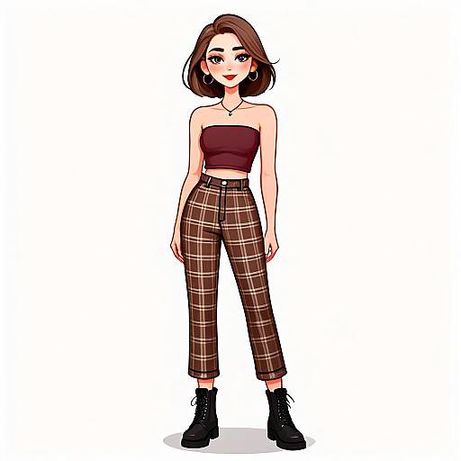 Stylish Woman in Casual Streetwear with Plaid Pants and Burgundy Tube Top