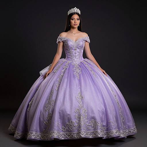 Elegant Woman in Lavender Embroidered Ball Gown with Tiara